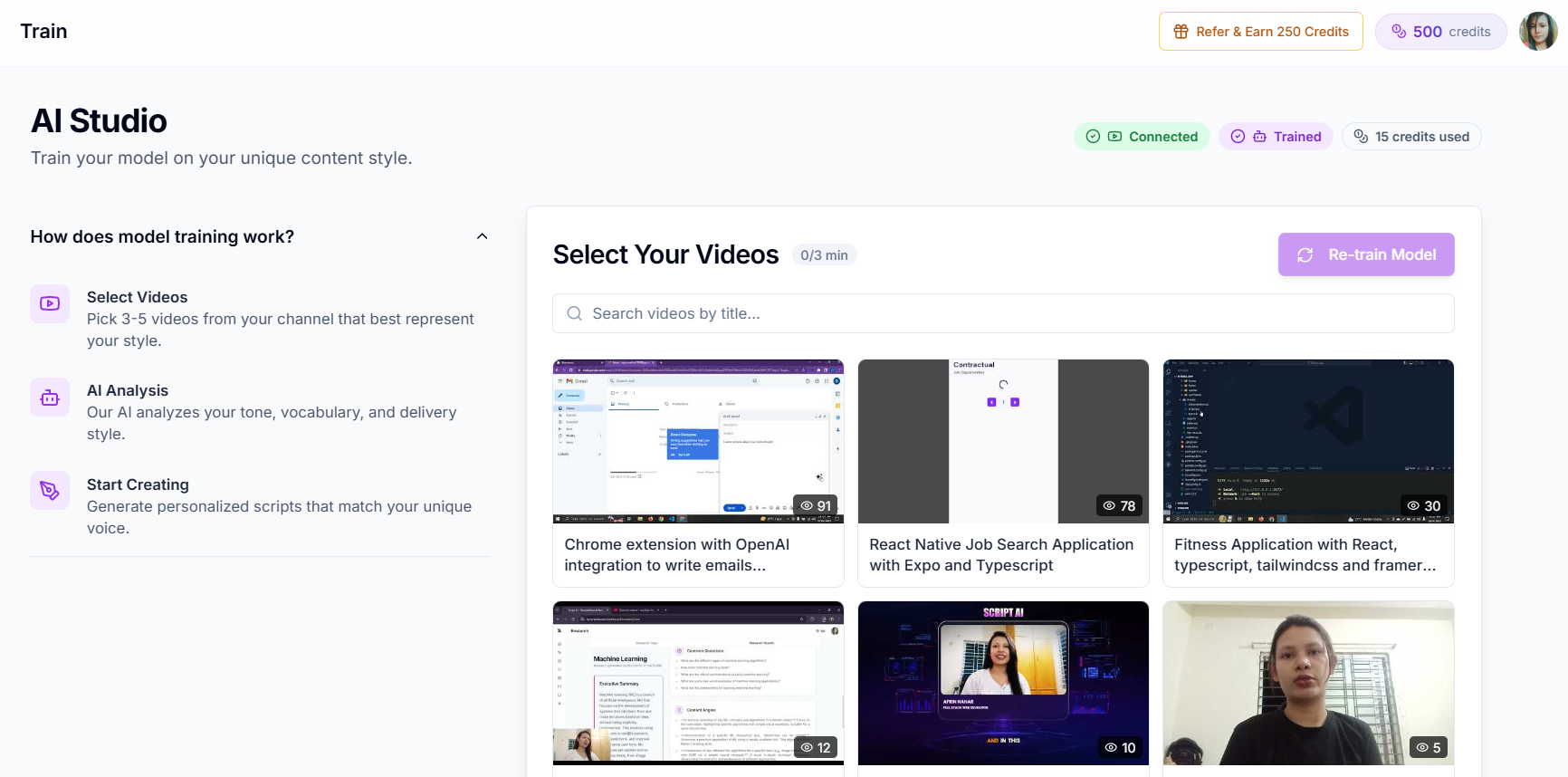Working through a youtube video production checklist in Creator AI